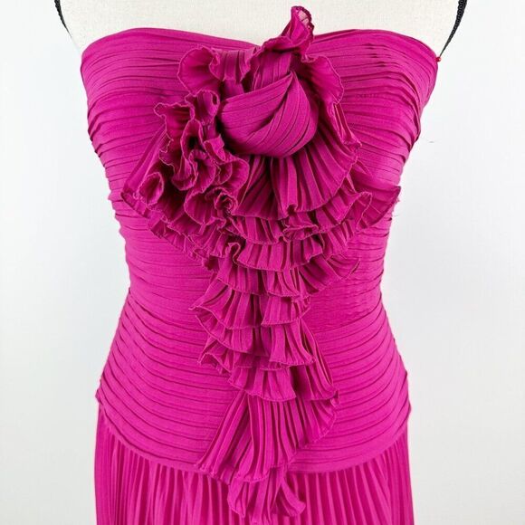 Carmen Marc Valvo Silk Strapless Fuchsia Gown With Ruffle Detail Pleated Skirt 4 - Picture 4 of 12